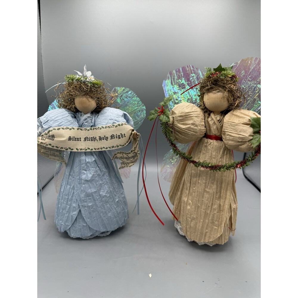 Vintage Handmade Christmas Angels Set of 2 Crepe Paper Halo Wings Silent Night